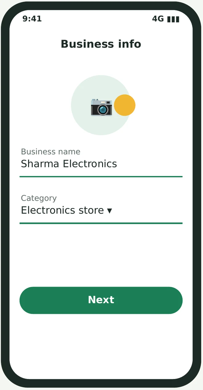 Business info screen with the business name Sharma Electronics and an Electronics store category.