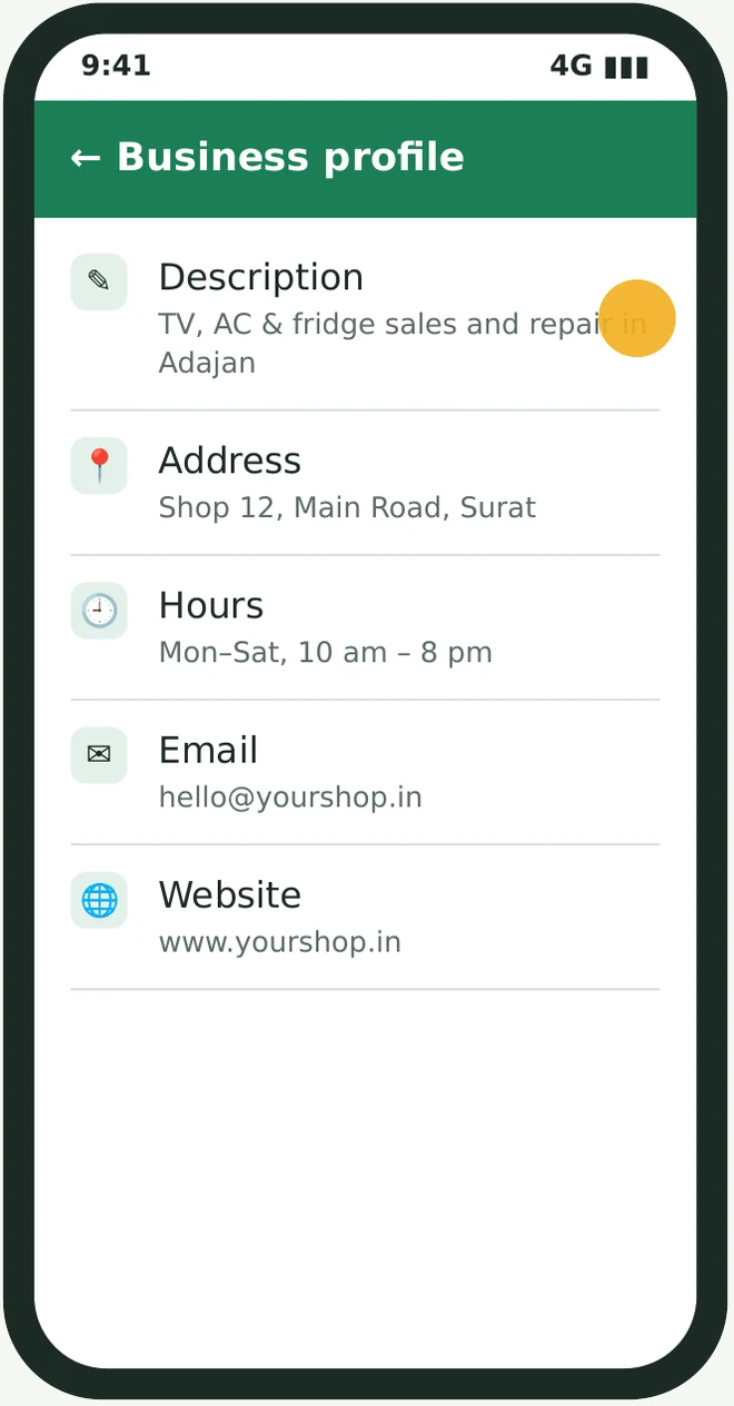 Business profile screen listing description, address, hours, email and website, all filled in.