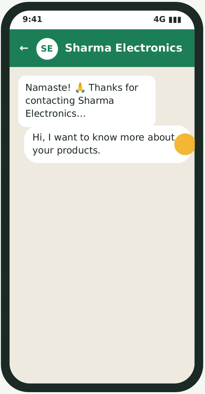 A WhatsApp chat opened from a link, showing the greeting and a customer's first message.