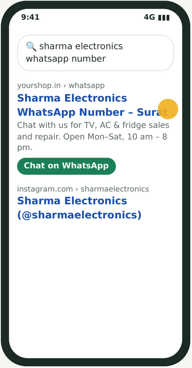 Google results for 'sharma electronics whatsapp number', showing the shop's own /whatsapp page above its Instagram profile.
