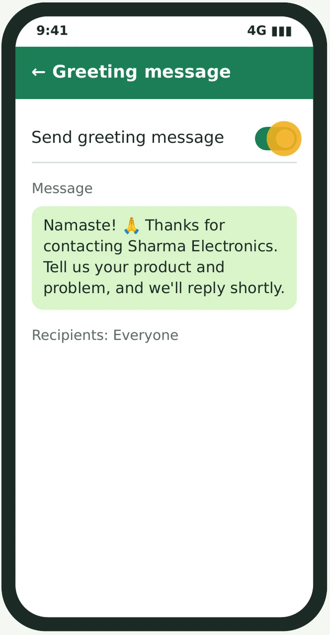 Greeting message setting switched on, with a welcome message addressed to new customers.