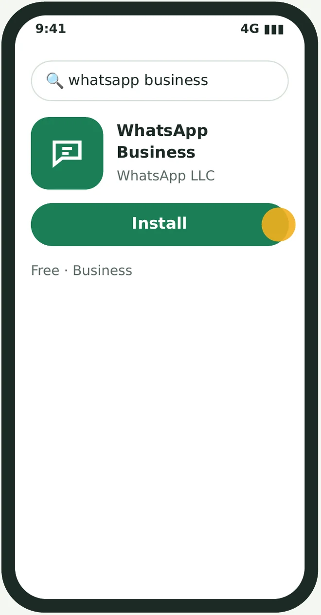 Play Store listing for WhatsApp Business by WhatsApp LLC, with the Install button highlighted.