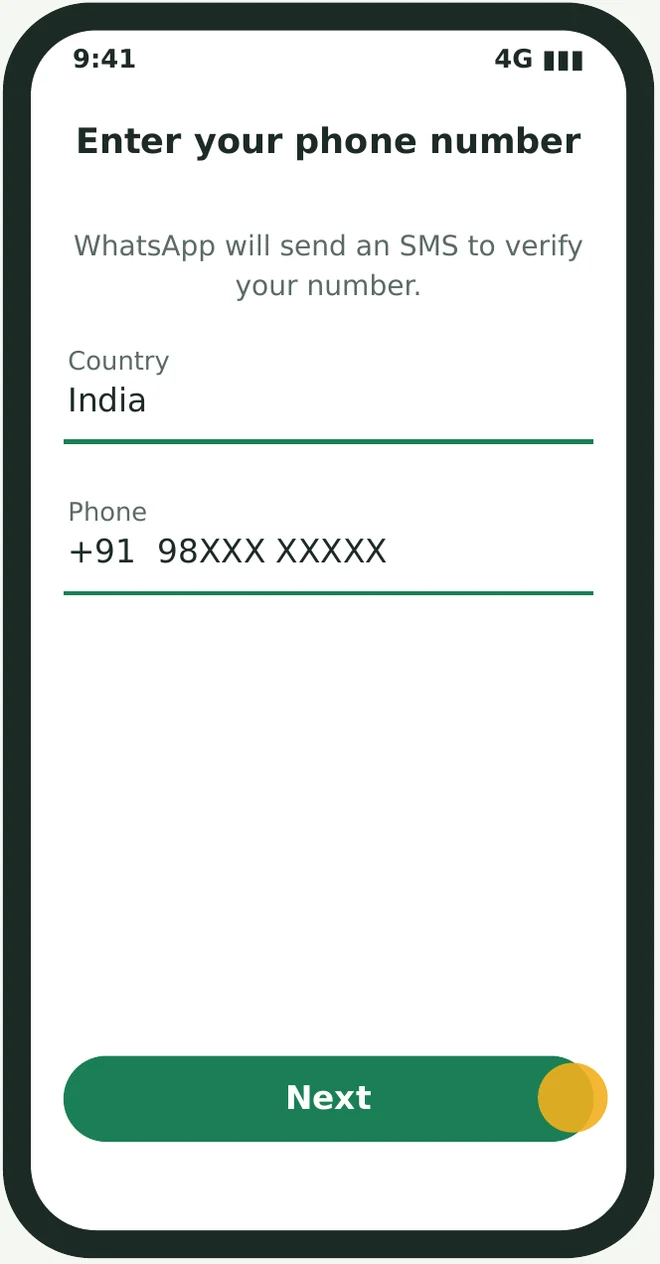 WhatsApp asking for a phone number, with India +91 selected.